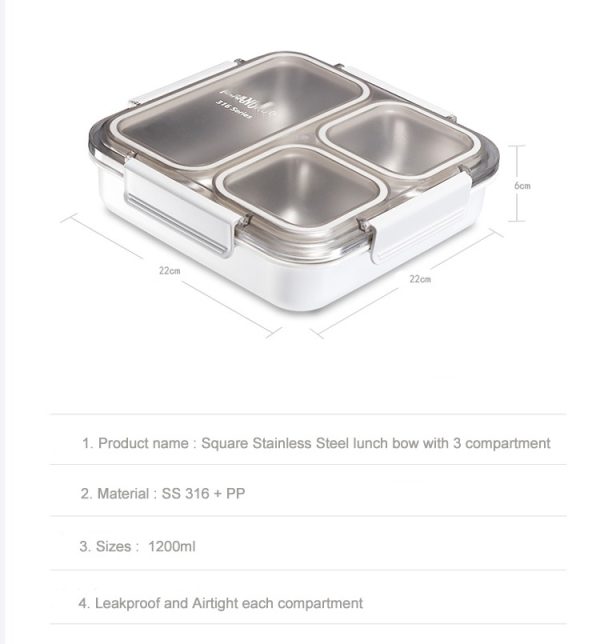 3 compartment 316 Series Stainless Steel Leak-Proof storage Container